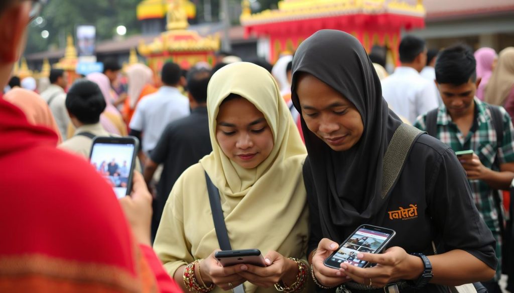 Masyarakat mengakses berita budaya melalui smartphone di sebuah festival tradisional