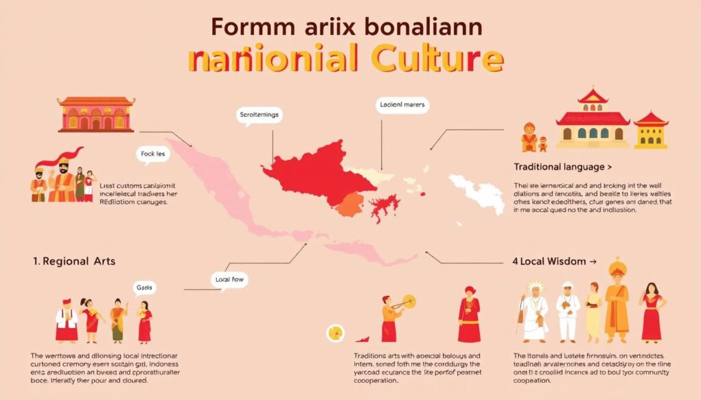 Berbagai unsur pembentuk budaya nasional Indonesia seperti bahasa, seni, dan adat istiadat