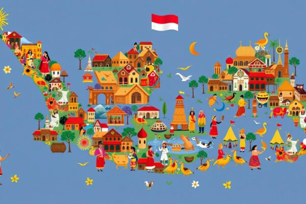 Ilustrasi Budaya Nasional Indonesia dengan berbagai simbol budaya daerah yang menyatu