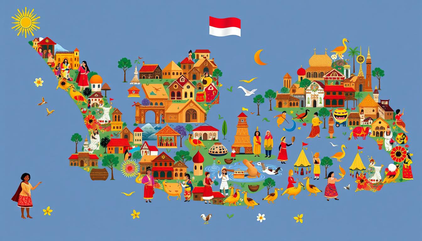 Ilustrasi Budaya Nasional Indonesia dengan berbagai simbol budaya daerah yang menyatu